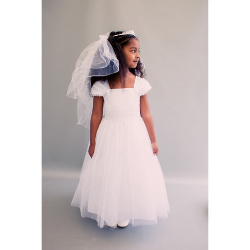 Kids Dream Big Girls White Satin Mesh Lace Beadwork Communion Dress 8-16 - SophiasStyle.com